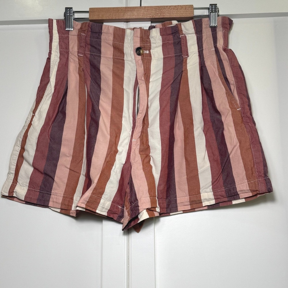 Madewell Paperbag Waist Shorts Linen Blend Luna Stripe Dark Cabernet Womens 8